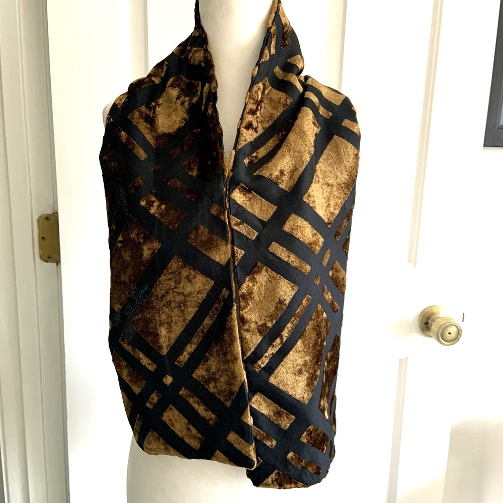Golden Brown and Black Burnout Velvet Oblong Scarf Italy 7in x 48in